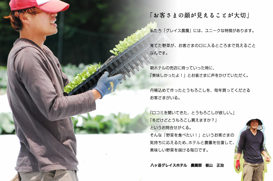 「お客さまの顔が見えることが大切」私たち「グレイス農園」には、ユニークな特徴があります。育てた野菜が、お客さまの口に入るところまで見えることなんです。朝ホテルの売店に持っていった時に、「美味しかったよ！」とお客さまに声をかけていただく。丹精込めて作ったとうもろこしを、毎年買ってくださるお客さまがいる。「口コミを聞いてきた、とうもろこしが欲しい。」「冬だけどとうもろこし買えますか？」というお問合せがくる。そんな「野菜を食べたい！」というお客さまの
気持ちに応えるため、ホテルと農園を往復して、美味しい野菜を届ける毎日です。八ヶ岳グレイスホテル　農園部　板山　正治