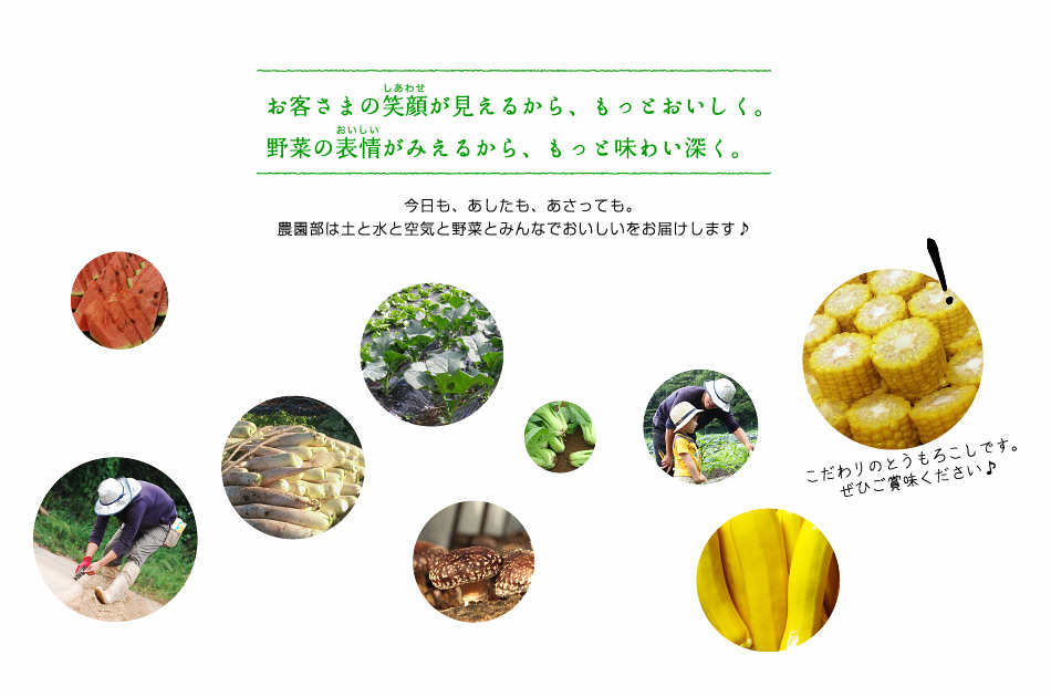 【お客さまの笑顔が見えるから、もっとおいしく。野菜の表情がみえるから、もっと味わい深く。】今日も、あしたも、あさっても。農園部は土と水と空気と野菜とみんなでおいしいをお届けします♪